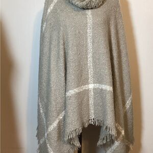 NEUTRAL TONES BOHEMIAN SOFT COZY COWL NECK PONCHO WITH FRINGE EDGES TAUPE/CREAM